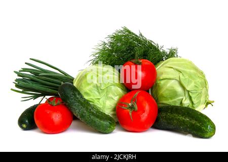 Stillleben von frischem rohem Gemüse isoliert auf weißem Hintergrund Stockfoto