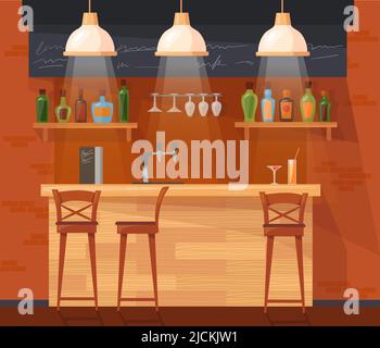 Kneipentheke mit Cartoon-Stil Barausstattung im Café oder Nachtclub, Barkeeper-Tisch aus der Nähe, alkoholischer Alkohol-Alkohol-Wein im Regal, Barhocker-Café mit leichtem Sitz-Club, Vektordarstellung des Innenraums eines Counter-Pubs Stock Vektor