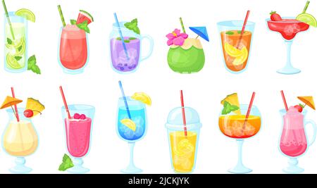 Alkoholfreie Cocktails. Alkoholfreier Cocktail-Drink im Glas, Smoothie Party Mocktail margarita Wassermelone Saft kalten Tee Mojito Limonade Bar Eis Getränke, Vektor-Illustration von Glas Cocktail-Drink Stock Vektor