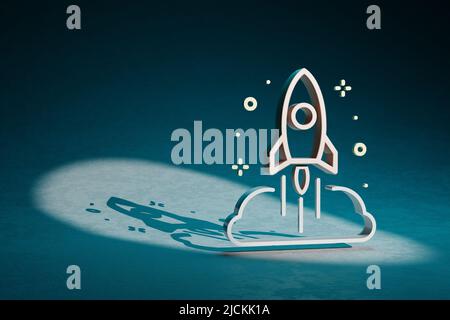 Schöne abstrakte Illustrationen Raketenstart und Wolke Symbol auf einem dunkelblauen Hintergrund. 3D Rendering-Illustration. Weltraumforschung. Stockfoto