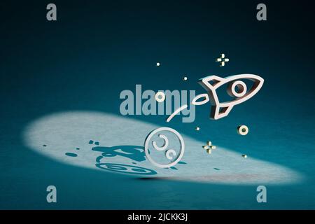 Schöne abstrakte Illustrationen Raketenstartsymbol auf einem dunkelblauen Hintergrund. 3D Rendering-Illustration. Weltraumforschung. Stockfoto