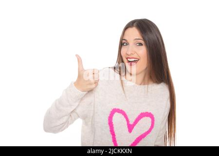 Fröhliche Frau tut ok Zeichen - Stock Foto Stockfoto