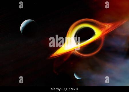 Schwarzes Loch, das Licht und alient Planeten im tiefen Raum absorbiert. Realistische Science-Fiction-Kunst. Elemente dieses Bildes wurden von der NASA eingerichtet. Stockfoto