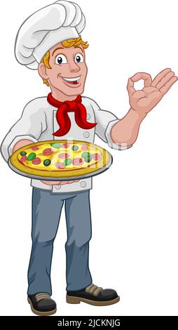 Koch Koch Mann Cartoon Halten SIE EINE Pizza Stock Vektor