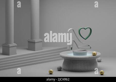 Schöne abstrakte Illustrationen Hochzeitsschuhe mit Herz Symbol Symbol auf einem Brunnen und Säule Hintergrund. 3D Rendering-Illustration. hintergrundmuster Stockfoto