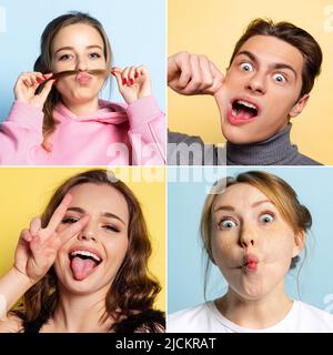 Nahaufnahme emotionale Gesichter von glücklichen Menschen Grimasse isoliert auf bunten Hintergrund. Konzept der lustigen Meme Emotionen, Gesichtsausdruck. Collage Stockfoto