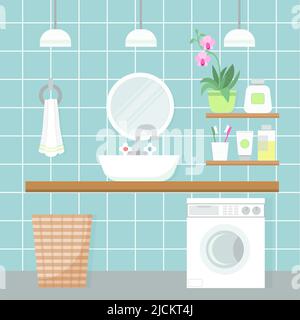 Vektor-Illustration eines Badezimmers in hellblauen Farben. Waschbecken, Spiegel, Blume, Kosmetik, Handtuch, Wäschekorb, Waschmaschine Stock Vektor