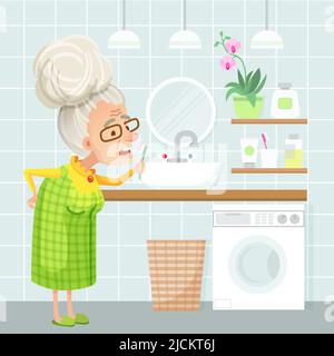 Vektor-Illustration eines Badezimmers in hellblauen Farben. Eine alte Dame, die sich im Badezimmer die Zähne putzt. Waschbecken, Spiegel, Blume, Kosmetik, Handtuch, laun Stock Vektor