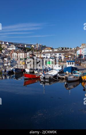 Großbritannien, England, Devon, Torbay, Brixham Harbour und The Strand mit festgetäuten Yachten und der Golden Hind (Museumsschiff) Stockfoto