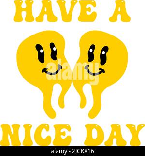 Schmelzen Lächeln Schriftzug Vintage Illustration. Retro Psychedelic Melt Smile Face Logo. Tropfendes Lächeln mit Text. Gut gelaunt. Positiver Emoji-Aufkleber. Vector groovy Emoji Gesicht. Gesichtssymbol. Stock Vektor