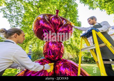 London, Großbritannien. 14.. Juni 2022. Jeff Koons' Balloon Monkey (Magenta), est £6-10m, präsentiert von Victor und Olena Pinchuk, um Fonds für humanitäre Hilfe für die Ukraine zu sammeln, organisiert von Christie's, London, auf dem St. James Square. Kredit: Guy Bell/Alamy Live Nachrichten Stockfoto