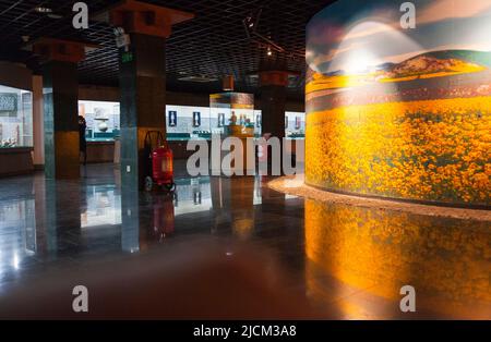 Ausstellungen von Artefakten (die in einem Ausstellungsraum in der Besucherzentrale ausgestellt werden können, damit Touristen und Besucher sie sehen können), die in archäologischen Ausgrabungen im Han Yang Ling Mausoleum (oder im Yang Ling Mausoleum von Han), dem Mausoleum von Kaiser Jing, Der sechste Kaiser der westlichen Han-Dynastie und seine Kaiserin Wang. XI'an. China. VRC. Dieses Zimmer ist nicht das unterirdische Museum, das separat ist. (125) Stockfoto