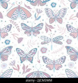 Vektor nahtloses Muster mit Sommerkräutern und Schmetterlingen Stock Vektor