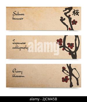 Set aus horizontalen Kirschblüten-Transparenten auf altem, realistischem Pergament oder Karton mit Hieroglyphe 'Sakura' Stock Vektor