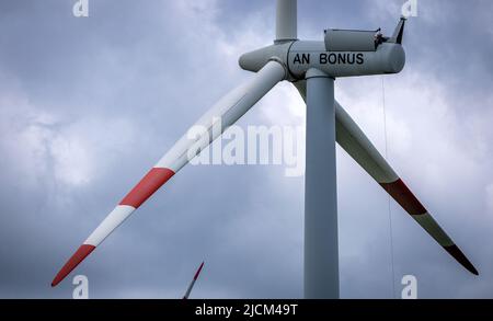 14. Juni 2022, Mecklenburg-Vorpommern, Groß Schwiesow: Eine Windturbine mit offenem Dach ermöglicht es Bürgermeistern, Kommunalpolitikern und interessierten Bürgern, das Turbinenwerk nach dem Aufstieg zu besuchen. Die Landesanstalt für Energie und Klimaschutz Mecklenburg-Vorpommern und der Landesverband Erneuerbare Energien MV organisieren die Windparktour und informieren über Projekte zur Erzeugung erneuerbarer Energien. Foto: Jens Büttner/dpa Stockfoto