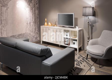 Bequemes Sofa und Sessel in der Nähe von Lampe und Schrank mit Dekorationen und TV im stilvollen kleinen Wohnzimmer zu Hause platziert Stockfoto