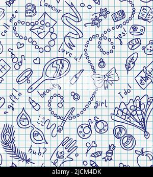 Nahtlose Muster aus Mode und Schönheit Mädchen Accessoires auf Notebook-Papier Stock Vektor