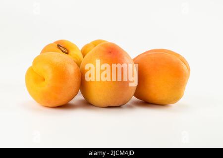 Eine Gruppe von Aprikosenfrüchten isoliert auf hellem Hintergrund. Nahaufnahme. Stockfoto