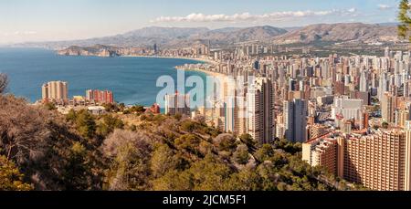 Benidorm, Costa Blanca - ein Küstenort und beliebter Ferienort in der Provinz Alicante, Spanien. Blick auf die Skyline der Stadt Stockfoto