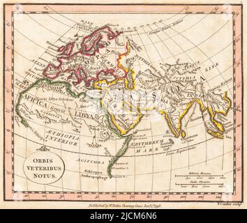 Orbis Veteribus Notus. Die Welt, die den Ältesten bekannt ist. 1798 Landkarte des Kartographen William Faden, gestochen von T. Condor. Faden war der königliche Geograph von König Georg III. Diese Karte stammt von seinem Atlas minimus universalis, der hauptsächlich für den Einsatz in Schulen konzipiert wurde. Stockfoto