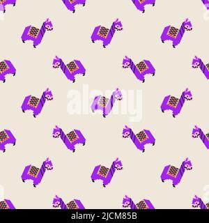 Niedliches nahtloses Muster mit 8 Bit Pixel leuchtendem Pink, Flieder oder violettem flauschigen Lama Alpaka. Mädchendruck auf Textilien, Verpackungen, Stoff, Tapeten Stock Vektor