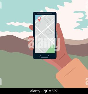 Die Hand hält ein Smartphone, Karten, Geolocation.Mountain Landschaft vor dem Hintergrund von Wolken. Vektorgrafik. Stock Vektor