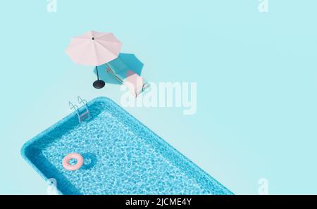 Von über 3D Rendering von komfortablen Liegestuhl mit Schirm in der Nähe von Außenpool mit schwimmenden Ring vor blauem Hintergrund platziert Stockfoto