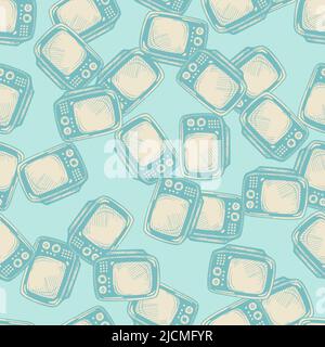 Retro-Fernseher mit gravierten nahtlosen Mustern. Vintage-Fernseher im handgezeichneten Stil. Vektor wiederholte Textur für Druck, Stoff, Verpackung, Tapete, Stock Vektor