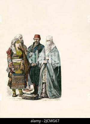 Volkskleid in der Europäischen Türkei (heute Teile Albaniens, Jugoslawiens, Bulgariens und Griechenlands), Skodra, Adrianople (Edirne), Saloniki, Ende des 19.. Jahrhunderts, Illustration, die Geschichte des Kostüms, Braun & Schneider, München, Deutschland, 1861-1880 Stockfoto