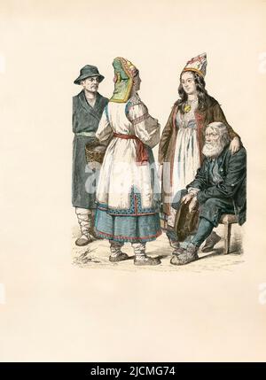 Russische Volkskleide, Mordvin (Wolga Finn), Cheremiss (Mari) Frau, Esten, Ende des 19.. Jahrhunderts, Illustration, The History of Costume, Braun & Schneider, München, Deutschland, 1861-1880 Stockfoto