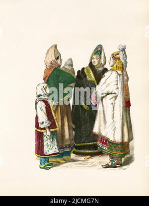 Frauen-Winterkleid in Torshko, Frau aus Rjasan, Russland, 17. und 18. Jahrhunderte, Illustration, die Geschichte des Kostüms, Braun & Schneider, München, Deutschland, 1861-1880 Stockfoto