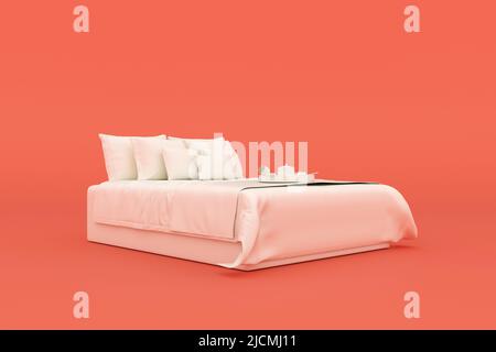 Helles Bettmockup, orangefarbener Hintergrund, 3D Rendering. Stockfoto