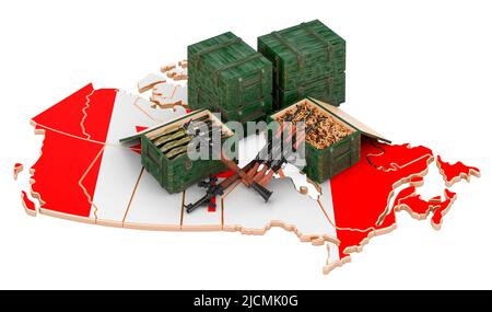 Kanadische Karte mit Waffen. Militärische Versorgung in Kanada, Konzept. 3D Darstellung isoliert auf weißem Hintergrund Stockfoto