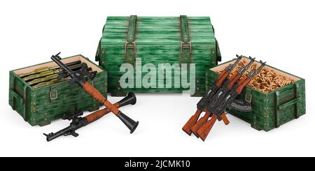 Panzerabwehrraketen mit einer mit Raketen gefüllten Munitionskiste und Sturmgewehren mit militärischem Munitionskasten aus Holz und Gewehrkugeln. 3D Rendering i Stockfoto
