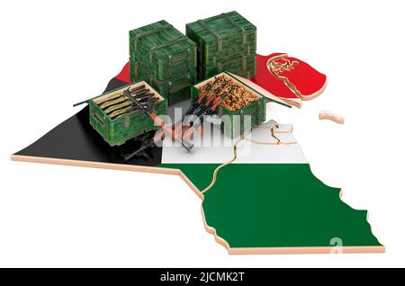 Kuwaitische Karte mit Waffen. Militärische Versorgung in Kuwait, Konzept. 3D Darstellung isoliert auf weißem Hintergrund Stockfoto