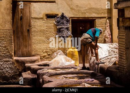 Fez, Marokko - 13. Juni 2022 Chouara Gerberei, die Färbekellen von Chouara gehören zu den berühmtesten Sehenswürdigkeiten der Medina von Fez. Das alte Handwerk des Gerbens Stockfoto