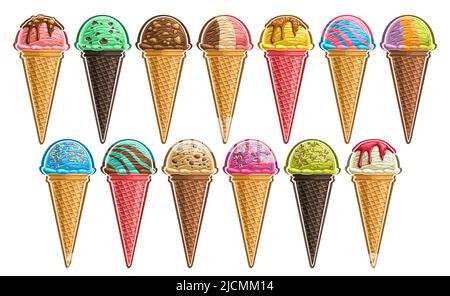 Vector Ice Cream Set, Lot Sammlung von ausgeschnittenen verschiedenen Illustrationen von Gruppe erfrischende Kugel Eis in Waffelkegel, Icon Set von hell Stock Vektor
