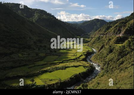 Mountain Province, Philippinen: Eine lebendige Berglandschaft, die Reisfelder an einem kurvenreichen Fluss auf der Straße von Batad nach Sagada umgibt. Stockfoto