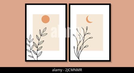 Moderner Wandkunstvektor aus der Mitte des Jahrhunderts. Mit geometrischen Formen, Sonne, tropischen Blättern im modernen Stil der Mitte des Jahrhunderts. Set von abstrakten kreativen minimalistischen Stock Vektor