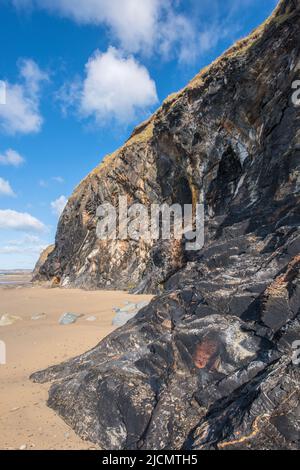 Black Ordovician Shales, Druidston Haven, Pembrokeshire, Wales, Großbritannien Stockfoto