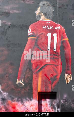 Wandgemälde von Mo Salah, Liverpool Street Art, Anfield Road, Liverpool, England, VEREINIGTES KÖNIGREICH Stockfoto