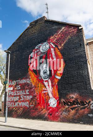 Wandbild von Jordan Henderson mit der Trophäe der Premier League, Liverpool FC Street Art, Sybil Road, Anfield, Liverpool, England, VEREINIGTES KÖNIGREICH Stockfoto