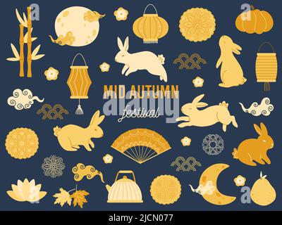 Herbstfest Kaninchen. Lotusmooncake, asiatischer Mond mit Wolken und goldenem Kaninchen-Vektor Illustration Set Stock Vektor