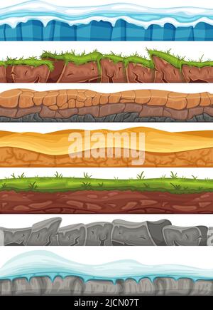 Nahtlose Trickfilmgründe. Spiel Hintergrund Vermögenswerte von Felsen Weg Textur, schneebedecktes Land, Wüstensand und grüne Wiese Landschaft Vektor Illustration Set. Stock Vektor