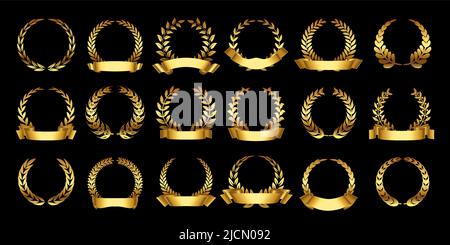Goldener Lorbeerkranz. Römische Trophäenabzeichen, goldenes Ast-Emblem mit Blättern und Band, elegante Lorbeer Kreis Grenze Vektor-Set Stock Vektor