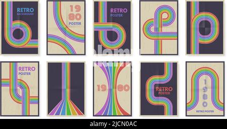 Poster mit geometrischen Linien im Retro-Stil. Regenbogen Farbverlauf, 80s groovige Streifen und minimales Poster Design Vektor-Set Stock Vektor