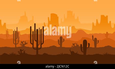 Sonnenuntergang in der texanischen Wüste. Arizona Landschaft, Tal der Kakteen mit Bergen Silhouetten Hintergrund Panorama-Vektor-Illustration Stock Vektor