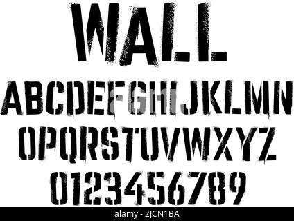 Stencil Graffiti-Schriftart. Aerosol Spray Text mit Grunge Körnung Textur, Farbe Splatter Buchstaben und Zahlen Vektor-Set Stock Vektor