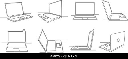 Notebook mit einer Leitung. Notebook-Computer-Gadget mit leerem Bildschirm, Tastatur und Touchpad. Fortsetzung Zeile offene Laptops Vektor Illustration Set Stock Vektor