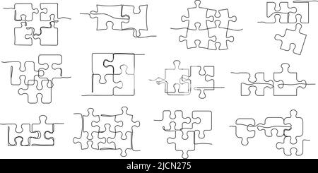 Ein-Zeilen-Puzzle. Puzzle lösen, Puzzleteile miteinander verbunden und Teamwork Konzept Vektor Illustration Set Stock Vektor